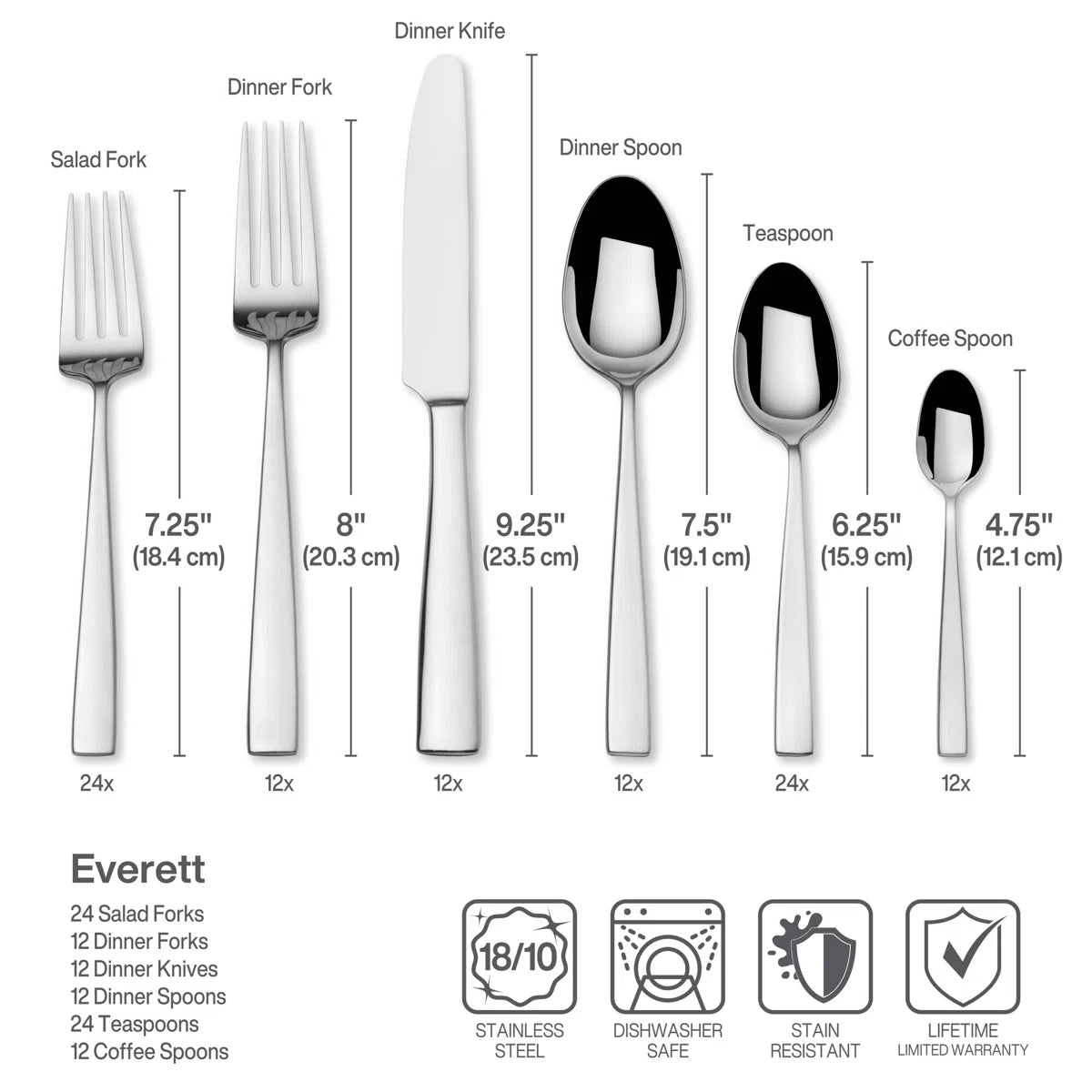 Everett 101-Piece 18/10 Stainless Steel Flatware Set, Service For 12