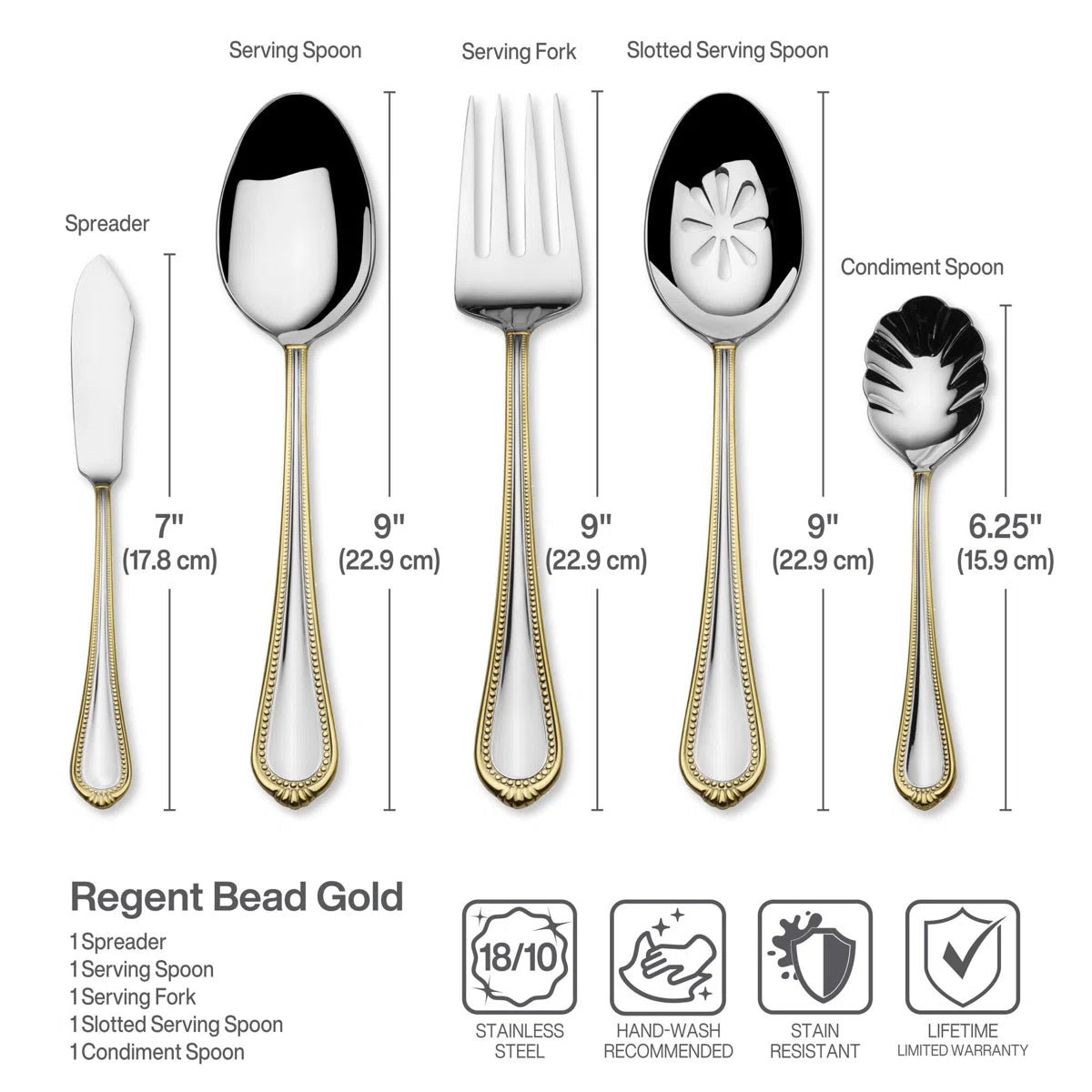 Regent Bead Gold 65-Piece 18/10 Stainless Steel Flatware Set, Service for 12